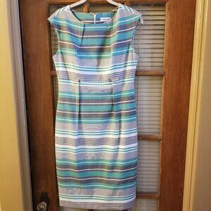 Siz 6 Calvin Klein Sheath Dress Green Gray Stripe Cap Sleeve Pleat detail